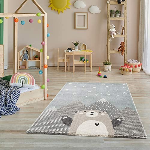 Teppich Kinderzimmer - Teppiche für Kinderzimmer, Kinderteppich Junge, Kinderteppich mit Bergen, Bär, Panda, Sterne, (Türkis-Beige, Größe: 160x230 cm)