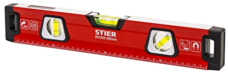 STIER Premium Wasserwaage, mit Magnet und drei Libellen, 400 mm, 0,5 mm/m, vertikal und horizontal messen, Spiegel-Lotlibelle, präzise Messung, Aluminiumlegierung, doppelt gefräste Oberfläche