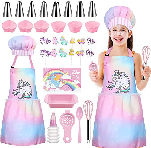 Gemeer Trajes de Cocina y Horneado para Niños 34 Juegos, Incluidos Delantales, Gorros de Chef, Guantes y Disfraces para Niños, Rosa Disfraces de Chef, Juegos de rol Profesionales 8-12 Años