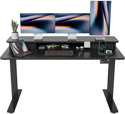 FEZIBO Height Adjustable Electric Standing Desk with Double Drawer, 150 * 60cm Stand Up Table with Storage Shelf, Sit Stand Desk with Splice Board, Black Frame/Black Top
