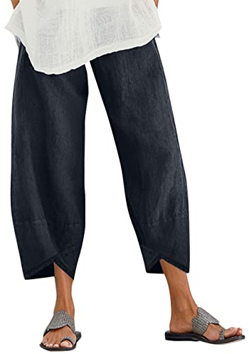 ZANZEA Womens Casual Trousers Cotton Linen Cropped Pants Loose Fit Straight Elasticated Waist Chino Bottoms with Pocket Navy XL
