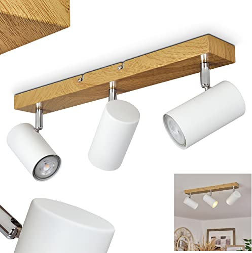 HOFSTEIN Deckenleuchte Javel, moderne Deckenlampe aus Metall in Weiß/Holzoptik/Chromfarben, moderne Leuchte mit verstellbaren Strahlern, 3-flammig, 3 x GU10, ohne Leuchtmittel