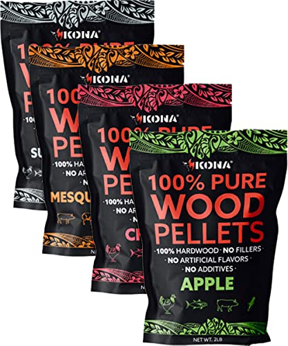 Kona Holzpellets, Sortimentspackung, geeignet für Ninja Woodfire Outdoor-Grill, Apfel, Kirsche, Mesquite, Supreme Blend, 4, 0,9 kg wiederverschließbare Beutel