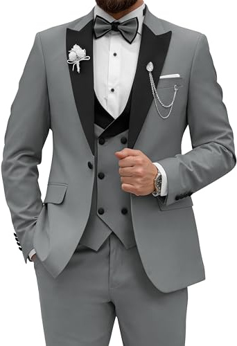 Wangyue Men's Tuxedo Suit 3 Piece Slim Fit Suit for Men Tuxedo for Men Wedding Party Dinner Prom, Grey, XS