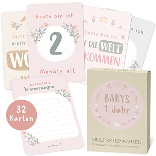 Mintkind ® Meilensteinkarten Baby | Wundervolles Geschenk zur Geburt | Baby Meilensteinkarten für Mädchen und Junge | 32 Baby Monatskarten im Set für zauberhafte Baby Fotos (Blumen)