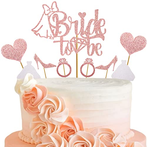 Jc.upin 9 Pcs Pink Bride To Be Cake Topper, Hen Do Decorations Cupcake Topper, Cake with Glitter Diamond Star Love Hearts, Hen Accessories for Engagement Bridal Shower Party
