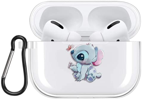 Schön Anime Karikatur Hülle für AirPods Pro 2019 Hülle, Transparent Weiche Silikon Schutzhülle mit Süßes Stitch Muster Stoßfest TPU Case Kompatibel mit AirPods Pro 2nd Generation, 03