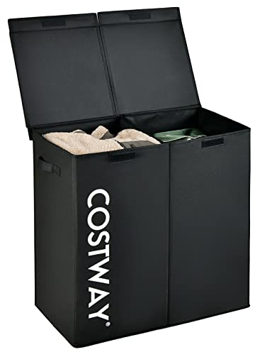 COSTWAY 115L Wäschekorb mit Deckel, Wäschesammler 2 Fächer, Wäschebox aus Vliesstoff mit Griffen, 62 x 31 x 60 cm (Schwarz)