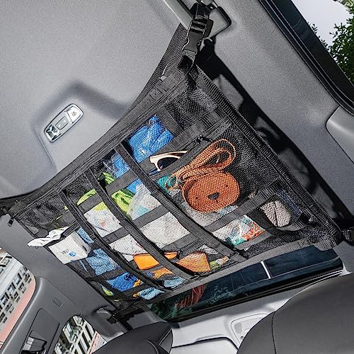 Car Ceiling Cargo Net with 3 Pockets,31.5x21.6 Reduce Sagging Car Storage Mesh Organizer,Double Layer Roof Mesh Camping Overlanding Gear Must Haves Cargo Net for SUVs,Van,Road Trip Essentials
