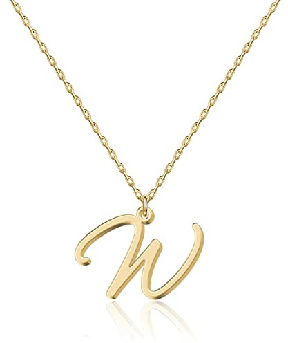 Halskette mit Initial in 18 Karat Gold W - Personalisierter Buchstaben-Schmuck für Frauen, handgefertigter Edelstahlanhänger, Geschenk für Geburtstag, Weihnachten, Abschluss, Valentinstag, Muttertag
