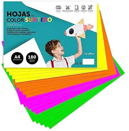 Farbiges Tonpapier, A4 Tonpapier in fluoreszierenden Farben, 180g Bastelpapier für Handarbeiten, Dokumentendruck und kreative Designs, A4 Farbiges Papier · m-office (x50 Fluoreszi)