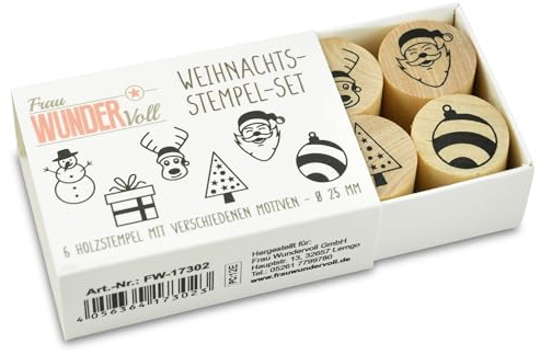 Frau WUNDERVoll® Stempel - 6 Weihnachtsmotive- aus Holz, Größe: Ø je Stempel ca 2,5cm (Schneemann,Weihnachtsmann,Rentier,Geschenk,Tannenbaum,Kugel) Weihnachten, Adventskalender