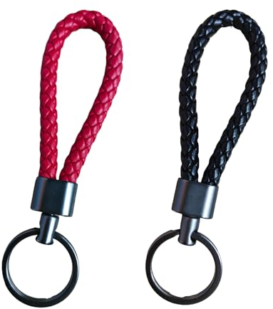 MytaYt 2 Piezas Llaveros de Cuero Trenzado hombre y mujere Llavero de Cuero Coche 12cm Llaveros de Aleación Cuero de Trenzado para Llaves de Moto Casa Negro y Rojo Oscuro
