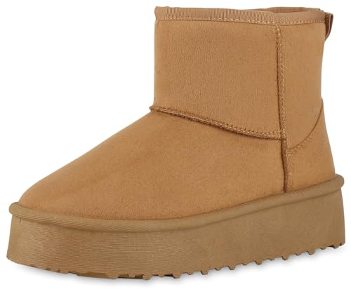 VAN HILL Damen Winter Boots Plateau Profilsohle Bequem Schuhe 214092 Hellbraun 38