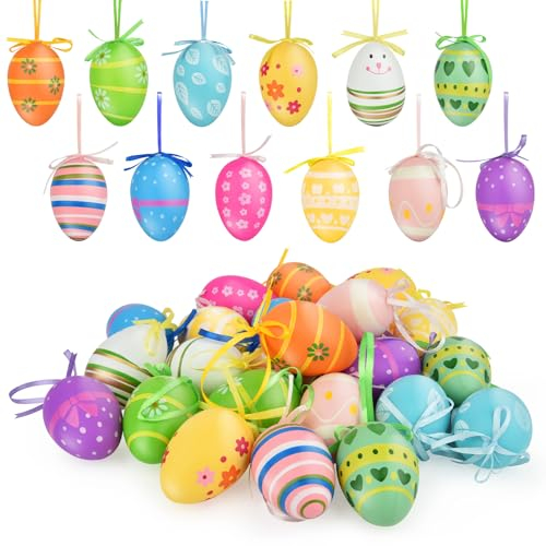 Timiyou 24 Stück Ostereier zum Aufhängen, Plastik Ostereier,Bunte Ostereier, Ostereier mit Punkten und Streifen, Osterdeko für Draußen, Fenster, Tisch, Modern