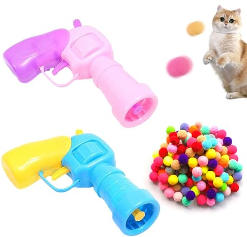 SLEEKEE 2 Stück Spielzeugpistolen, 40 Stück Plüschbälle, Spielzeugballwerfer, Interaktives Katzenspielzeug, Lautlose Plüschbälle, Katzenkaubälle