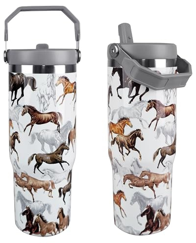 cahduenx 30 oz Horse Tumbler with Straw Handle, Vintage Gifts for Women Men Horse Lover, Stainless Steel Insulated Water Bottle Coffee Cups for Home Office Travel（White）