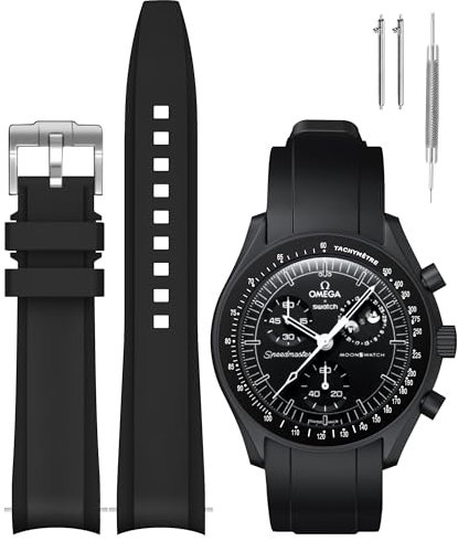 REBANDACE Armband für MoonSwatch Uhr, Gebogenes Silikon-Ersatzarmband für Omega X Swatch Speedmaster Moonswatch Uhr 20mm, Weiches Swatch Omega Armband für Männer und Frauen (Schwarz)