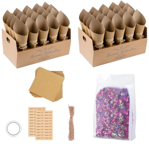 FINEVERNEK 40 Stück Hochzeit Kraftpapier Kegel mit 2 Konfetti Kegelhalter, 200g Natürliches Blütenblattkonfetti für Deko Hochzeit Geburtstag Party