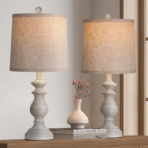 PARTPHONER Traditional Table Lamp Set of 2, Rustic Farmhouse Table Lamps for Living Room Bedroom, 22 Bedside Desk Lamps Vintage Nightstand Lamps with Linen Shades, Antique Grey