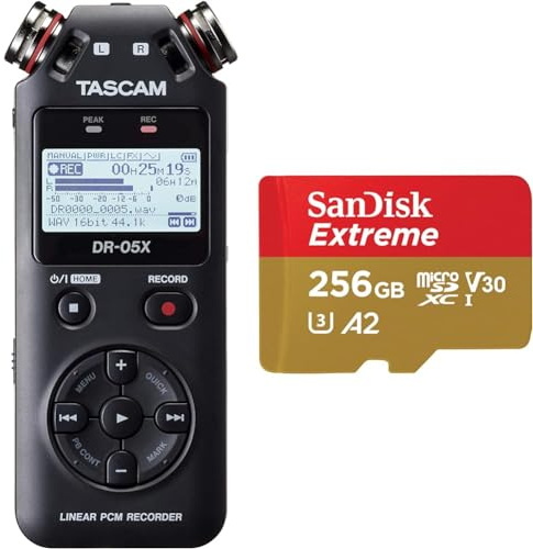 Tascam DR-05X portable audio recorder, usb2.0 & SanDisk 256GB Extreme microSDXC card + SD adapter + RescuePRO Deluxe, up to 190MB/s, with A2 App Performance, UHS-I, Class 10, U3, V30, Black