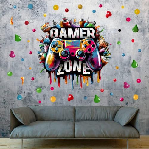 YIMEHDAN Large 3D Graffiti Gamer Zone Wall Decals (26.8”x26.4”), Watercolor Video Gaming Vinyl Wall Stickers for Game Lover, Removable Video Game Artwork for Boys Playroom Bedroom Decor