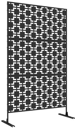Outsunny Decorative Garden Privacy Screen with Stand, 6.5FT Freestanding Metal Outdoor Divider, Decorative Privacy Panel with Expansion Screws for Garden Pool Hot Tub, Grid Style, Black