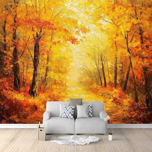 Papier Peint Photo Forêt D'Automne Peinture Dorée 350x256 cm Papier Peint Panoramique Papier Peint intissé Murale Pour Chambre De Fille, Garçon, Chambre De Bébé Salon Chambre Décor