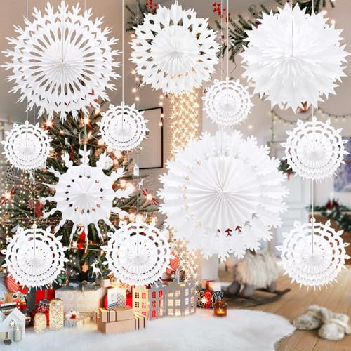 BestoFun 12 Stücke Weiß Paper Schneeflockendekorationen Papier Schneeflocken Hängende Dekoration für Fensterdeko Weihnachten Taufe Dekorationen Hochzeit Winter Deko