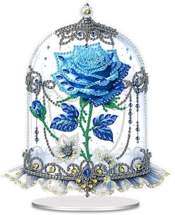 Plstod Diamond Painting Aufsteller, Tischdeko, Blaue Rose Deko, 5D Diamant Bastelset, Blumen für Schlafzimmer Wohnzimmer Esstischdekoration