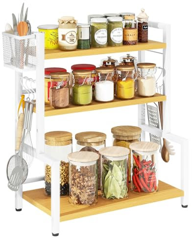 YMYNY Estante para Especias con Cesta Metálica, Estante de Encimera para Armario, Organizador con 6 Ganchos, Soportes para Botes de Especias, Para Cocina, 43 x 24 x 53CM Color de los troncos HSR006N