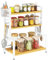 YMYNY Kitchen Spice Rack with Wire Basket, Countertop Shelf for Cabinet, Desktop Organiser with 6 Hooks, Storage Seasoning Rack for Spices, Jars, Oil Bottles, Natural Color HSR006N