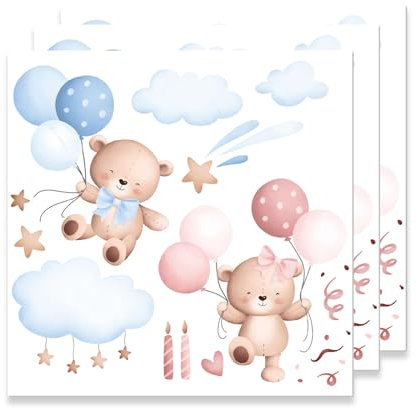ParPix 20 Stück Baby Servietten 33x33 cm 1. Geburtstag Junge/Mädchen Shower Deko Papier Rosa Blaue Bär