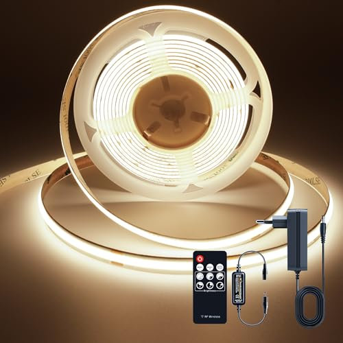 TTWAY COB LED Streifen 2M, LED Streifen Warmweiss 3000K, 24V Dimmbar LED Strip, CRI92, 8mm Breite, mit Fernbedienung und Netzteil, für Home Dekoration, Küche, Spiegel