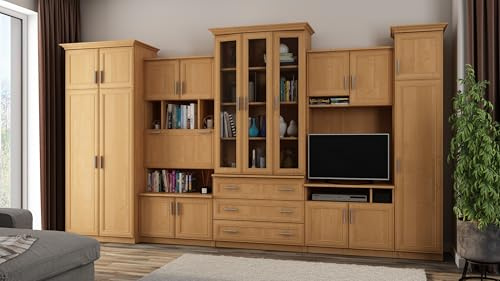 Meblast Alen - geräumige, robuste Schrankwand, 240 cm, Zwei Säulen mit Regalen und Vitrinen, RTV-Schrank mit Aussparung für TV, Schrank mit offenen und geschlossenen Regalen (Erle)