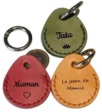 Porte jeton de caddie en cuir. Porte clé personnalisé fait main. Etui jeton de charriot. Gravure personnalisée