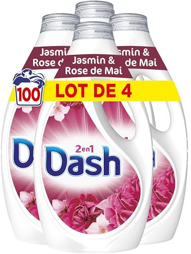 Dash 2en1 Lessive Liquide, 100 Lavages (4 x 25 Lavages), Jasmin et Rose de Mai, avec 3 SEMAINES DE FRAÎCHEUR* et Lenor, Fabriquée En France, Dash 2in1