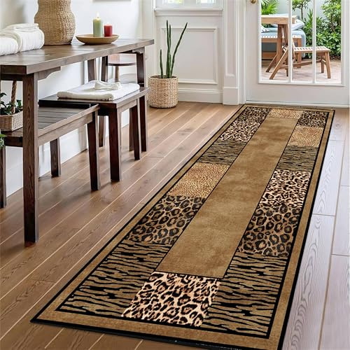YJDRUG Teppich Mit Leopardenmuster, 80x300cm, Rutschfester Flurteppich Mit Geparden-Tiger-Druckmuster, Waschbarer Langer Teppich Mit Gummirückseite für Treppen, Schlafzimmer, Küche