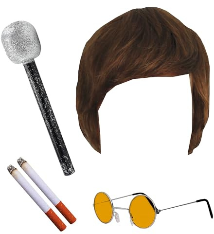 Adults Rock Band Accessory Set - Brown Wig, Round Orange Glasses, Microphone, 2 Fake Cigarettes - Adults 4-Piece Music Best of British Party Fancy Dress Costume Accessory Set