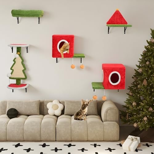 BYBYME Weihnachts-Katzenklettergerüst, 5-teiliges multifunktionales und stabiles Katzenwandmöbel-Set mit Katzenbett und -Haus, kratzendes Sisalbrett zum Spielen, Ausruhen und Entspannen für Katzen