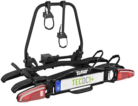 EUFAB 11650 Fahrradträger TECDC1+, Heckträger für 2 E-Bikes, 60 kg Nutzlast, abklappbar Fußpedal, LED-Rückleuchten, vormontiert, Schwarz