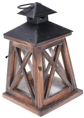 Dekorative Eisen Holz Kerzenlaterne mit Warmem Glanz für Kamin | Hängende Tischdeko in Kaffeefarbe, für Büro und Schlossform, ohne Kerze, Glasdetails