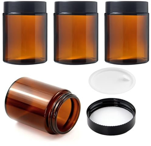 Lot de 4 pots à crème de 150 ml à remplir, grande capacité, en verre ambré, pot d'apothicaire avec couvercle, pour cosmétiques et pommades