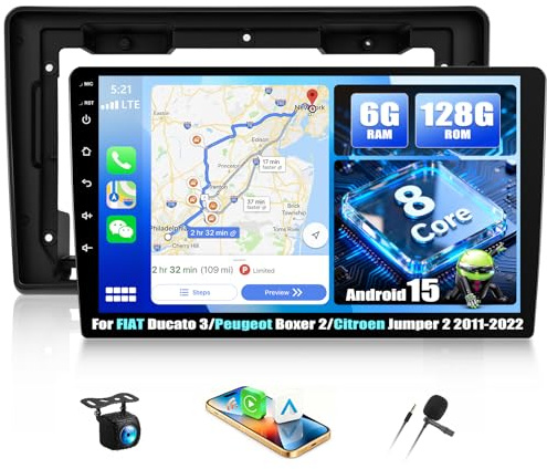 6+128G 8 Core Android 15 CarPlay Android Auto Radio Coche para Ducato 3/Peugeot Boxer 2/Citroen Jumper2 2011/2022 Pantalla Radio Coche 9 Pulgadas con GPS WiFi Bluetooth FM/RDS EQ SWC+Cámara de Marcha