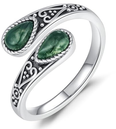 Moosachat Ring für Damen 925 Sterling Silber Herz Ring Natürlicher Moosachat Schmuck Verstellbarer Löffelring