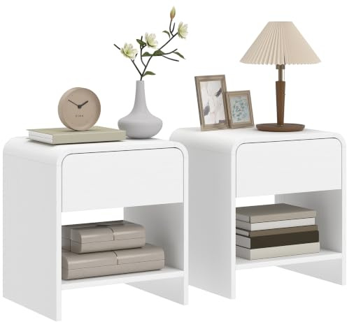HOMCOM Lot de 2 Tables de Chevet, Table d'Appoint Moderne, Angles Arrondis | Compartiment Ouvert, Tiroir à Fermeture Silencieuse, pour Chambre à Coucher, Salon, à Grain Bois