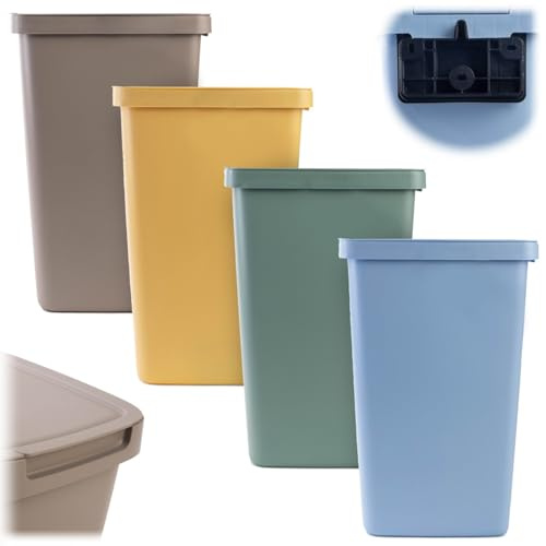 KADAX Abfallbehälter 20L, 4er Set, Abfalleimer aus Plastik mit Deckel und Griff, Mülleimer für Mülltrennung, Abfallsammler mit Klappdeckel (Braun, Grün, Gelb, Blau)