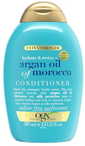 OGX Hydrate & Revive Argan Oil of Morocco Conditioner, feuchtigkeitsspendende Haarspülung mit marokkanischem Arganöl & Seidenproteinen, Haarpflege Spülung ohne sulfathaltige Tenside (385 ml)