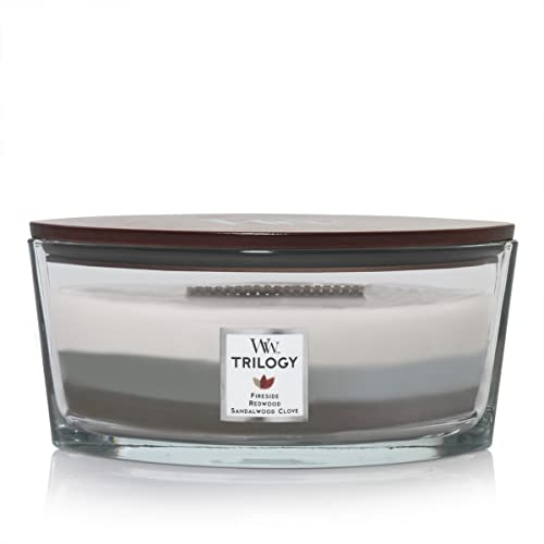 Woodwick Das heiße Warmes Holz Trilogy Kamin, Mammutbaum, Sandelholz Nelke Dekorative Duftkerze im ovalformigem Glasgefäß, 453.6 g, Glas, Weiß-grau-dunkel Grau/durchsichtig, 11.1 x 18.9 x 8.8 cm
