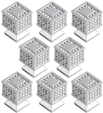 Shileljm Crystal Cabinet Dresser Knob Square Silver Diamond Drawer Door Cabinet Knobs Pull Handles for Home Office 8 PCS